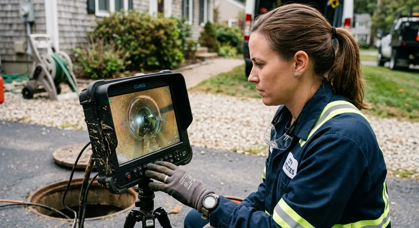 Technician reviewing sewer camera inspection footage in Shelburne
