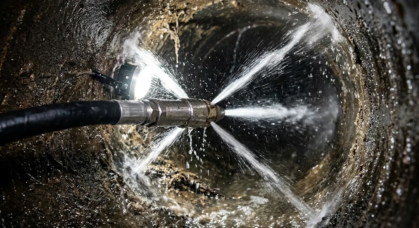 High-pressure hydro jetting nozzle cleaning sewer pipe for Emergency Drain Service in Shelburne