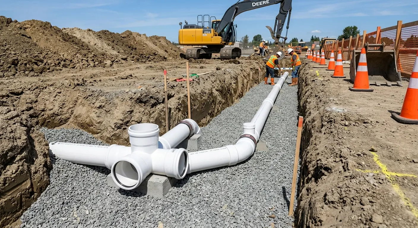 New PVC sewer pipe installation in open trench for Sewer Backup in Shelburne
