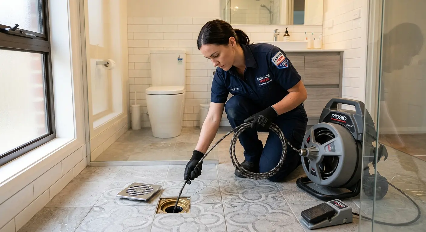 Technician clearing a bathroom floor drain for Clogged Drain Repair in Shelburne